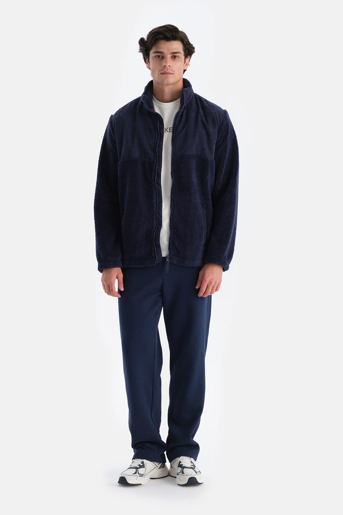 Lacivert Erkek Önden Fermuarlı Kadife Detaylı Polar Sweatshırt