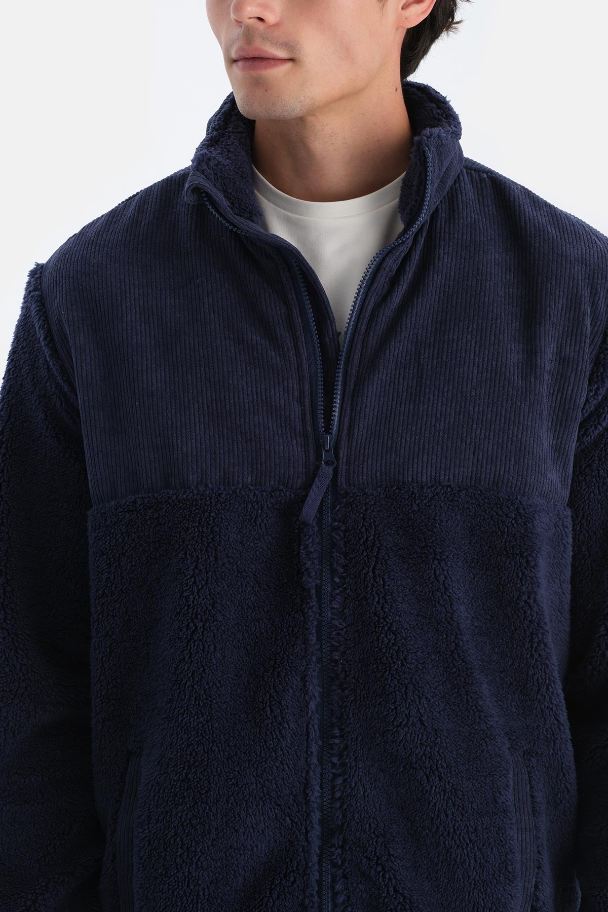 Lacivert Erkek Önden Fermuarlı Kadife Detaylı Polar Sweatshırt