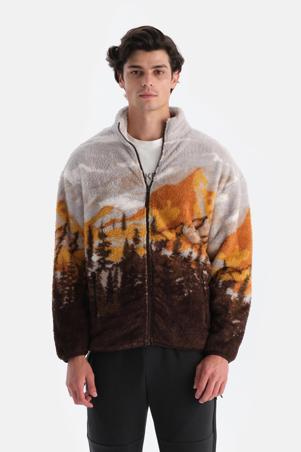 Koyu Kahve Erkek Manzara Dağ Baskılı Polar Sweatshırt