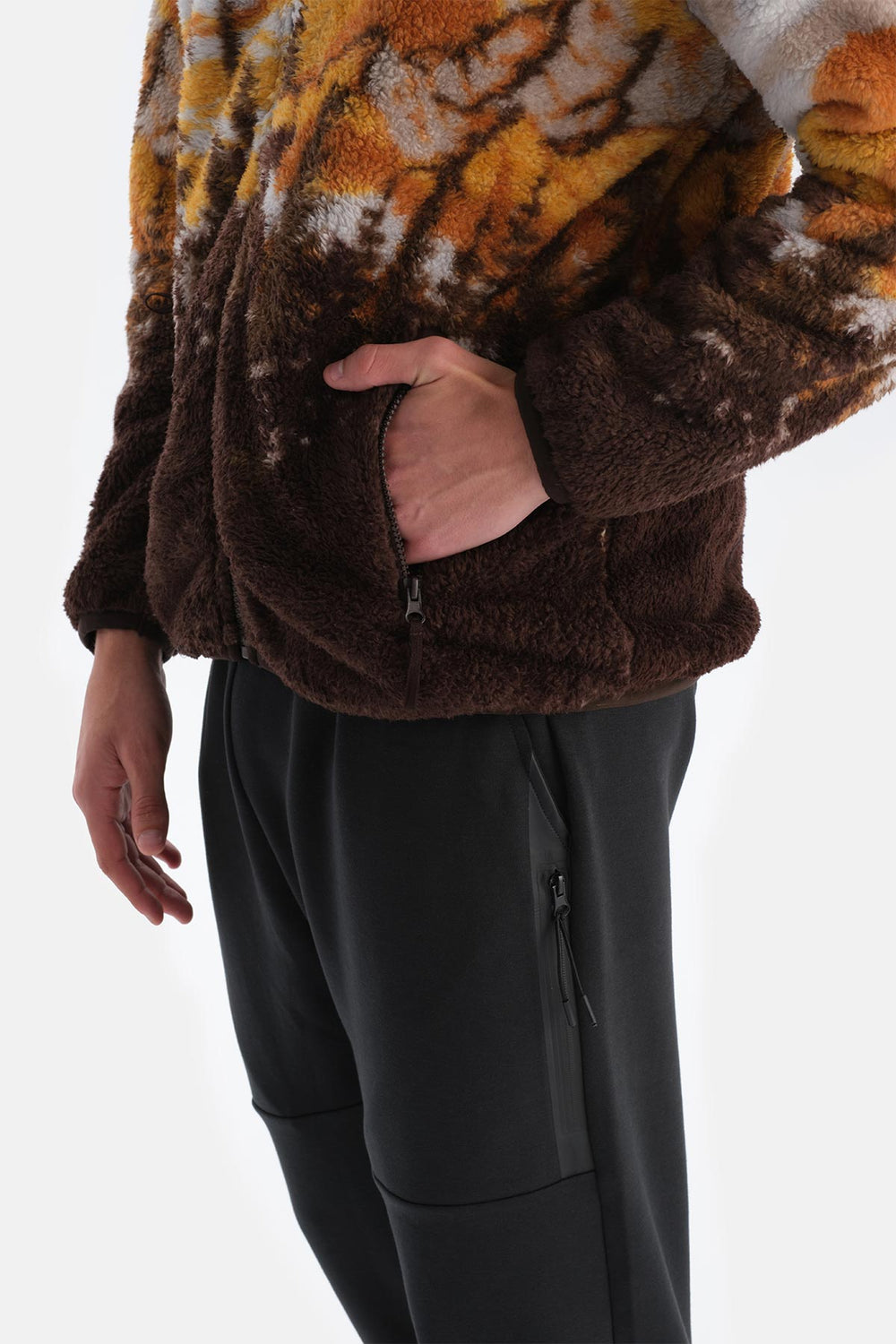 Koyu Kahve Erkek Manzara Dağ Baskılı Polar Sweatshırt