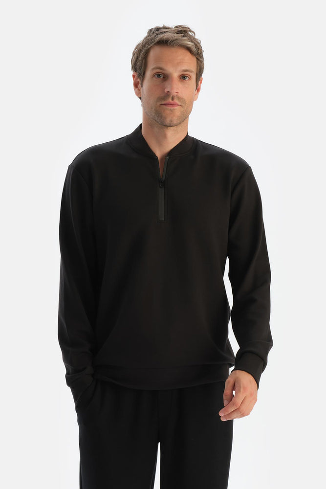 Siyah Erkek Modal Yarım Fermuarlı Sweatshırt