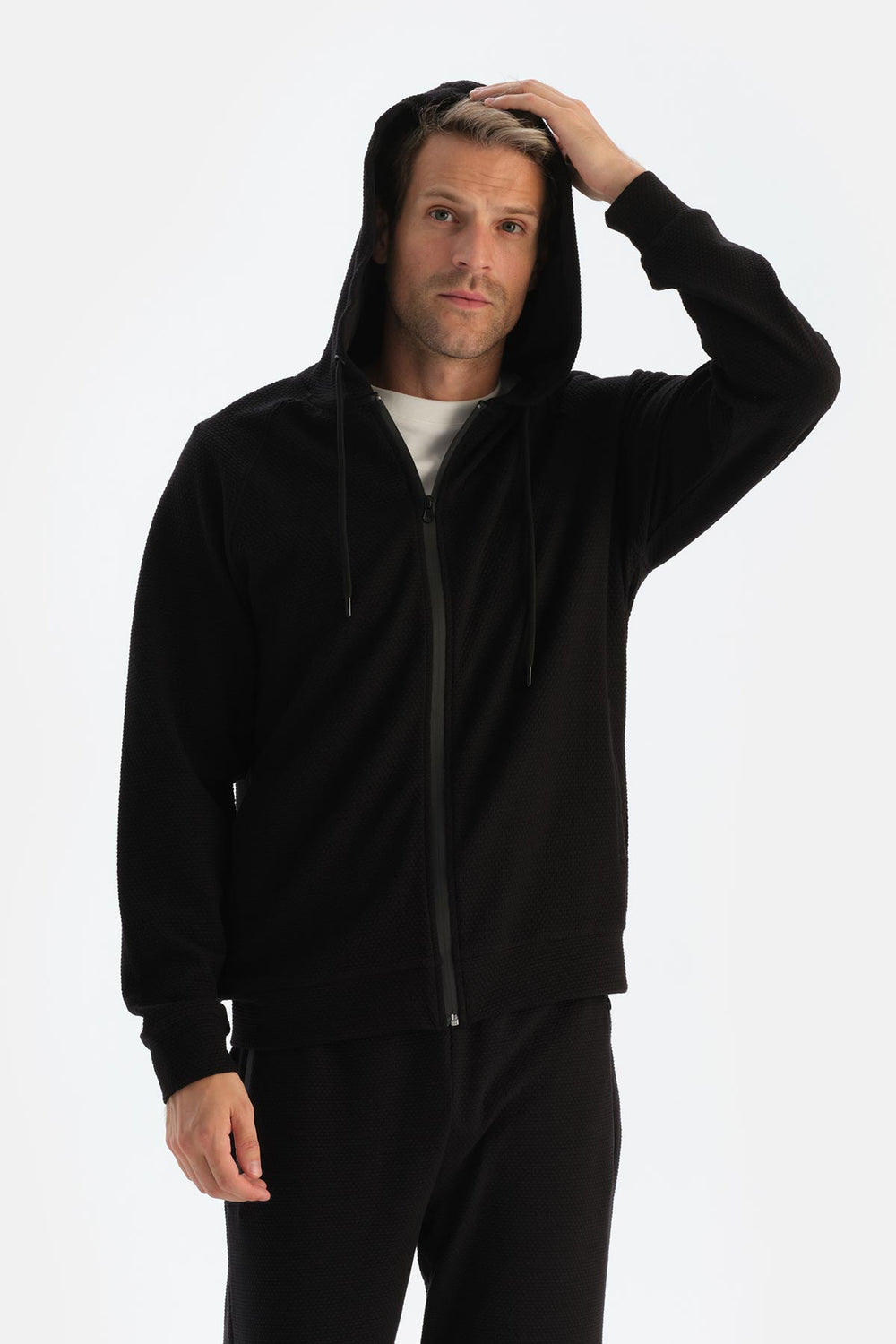 Siyah Erkek Kapişonlu Fermuarlı Sweatshırt