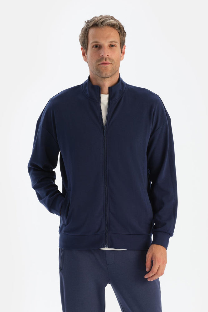 Lacivert Erkek Dik Yaka Fermuarlı Sweatshırt