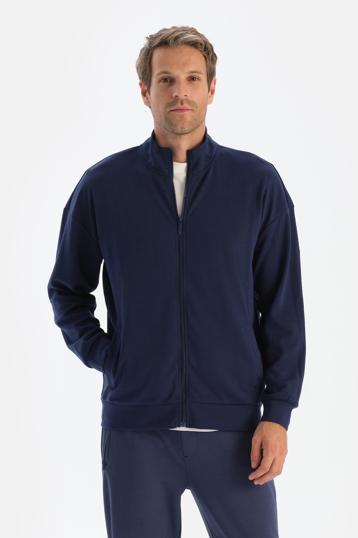 Açık Mavi Erkek Dik Yaka Fermuarlı Sweatshırt