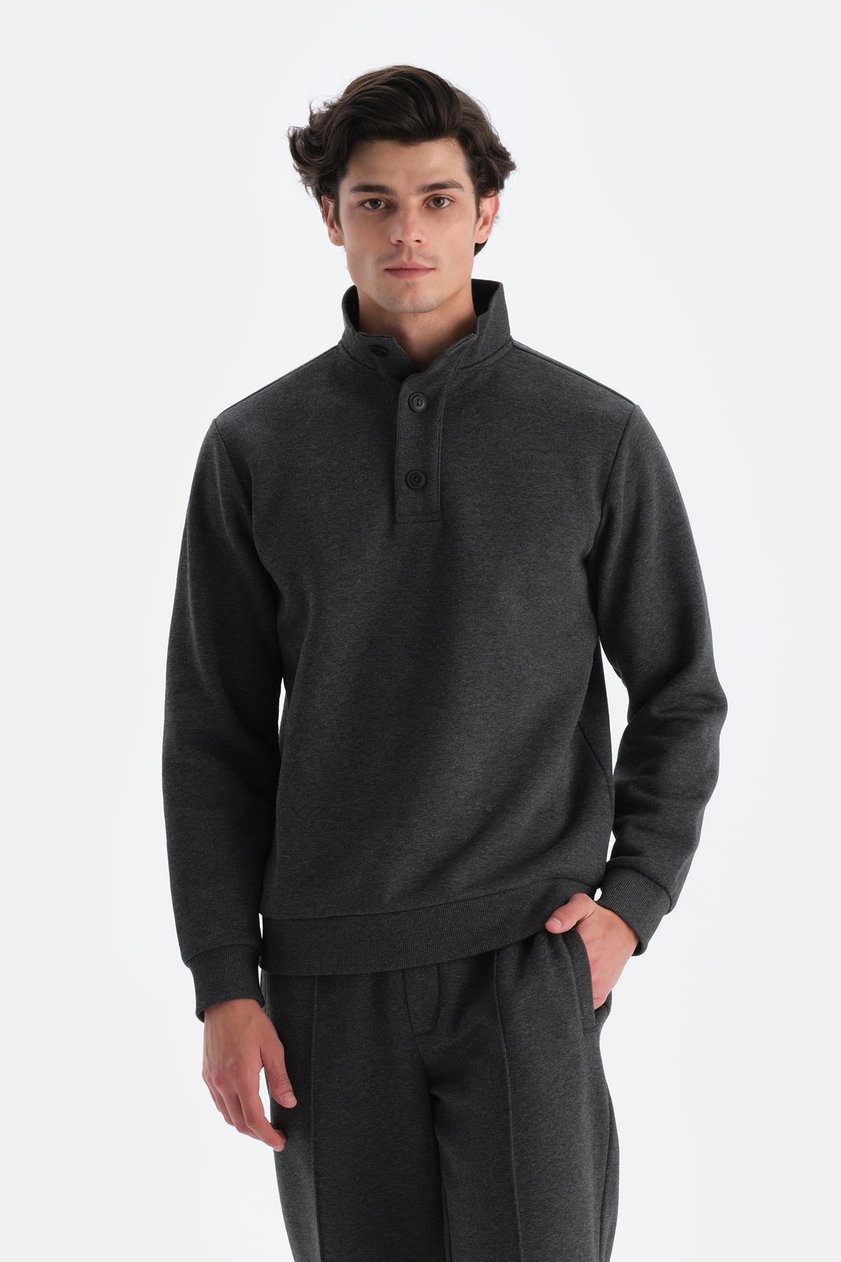Antrasit Melanj Erkek Düğme Yakalı Içi Şardonlu Sweatshırt