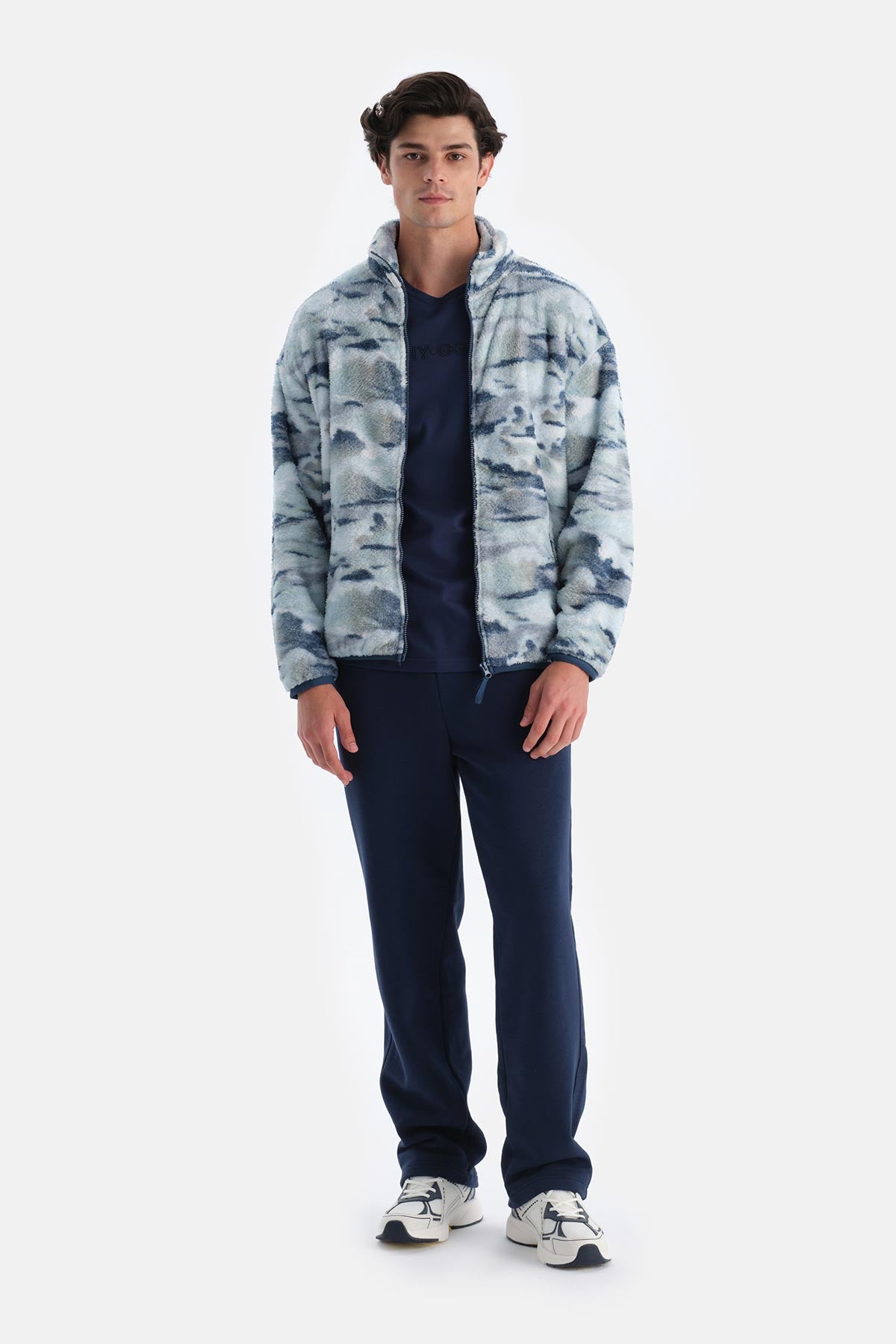 Lacivert Erkek Okyanus Baskılı Polar Sweatshırt