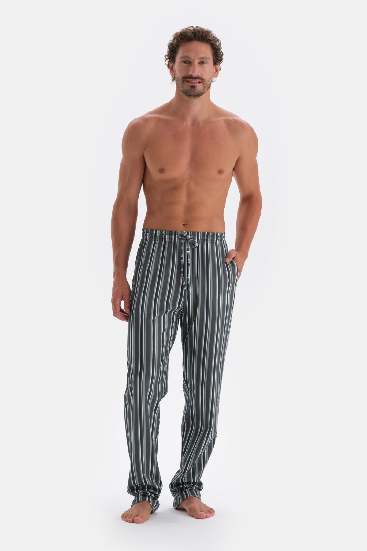 Füme Gömlek Yaka Çizgili Pamuk Modal Pijama Takımı