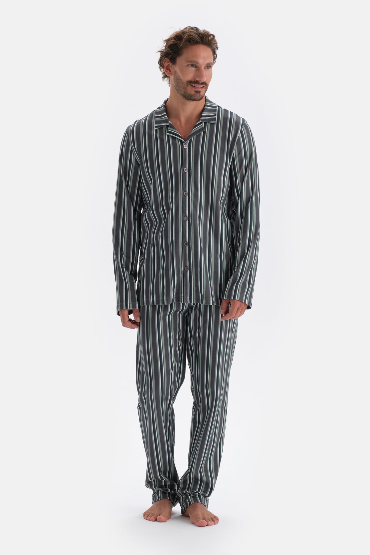 Füme Gömlek Yaka Çizgili Pamuk Modal Pijama Takımı