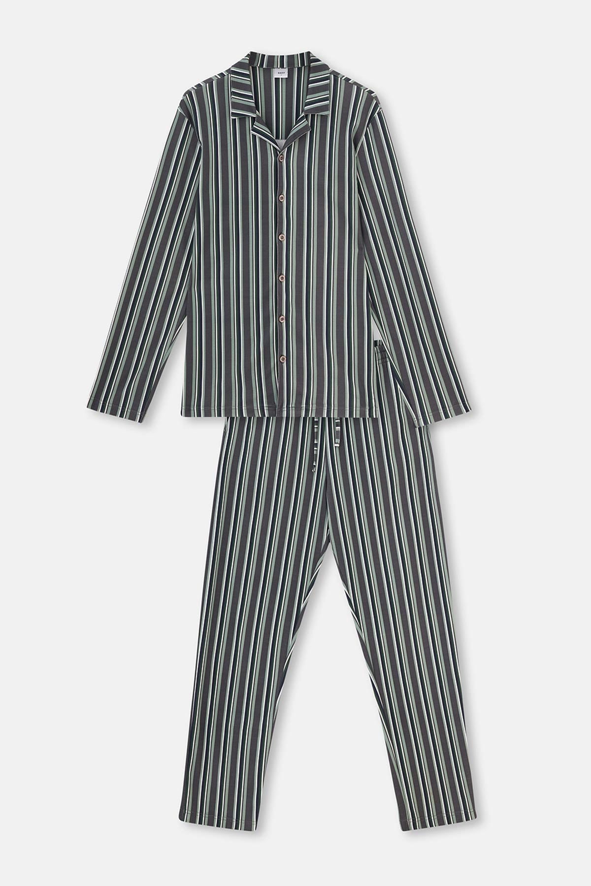 Füme Gömlek Yaka Çizgili Pamuk Modal Pijama Takımı