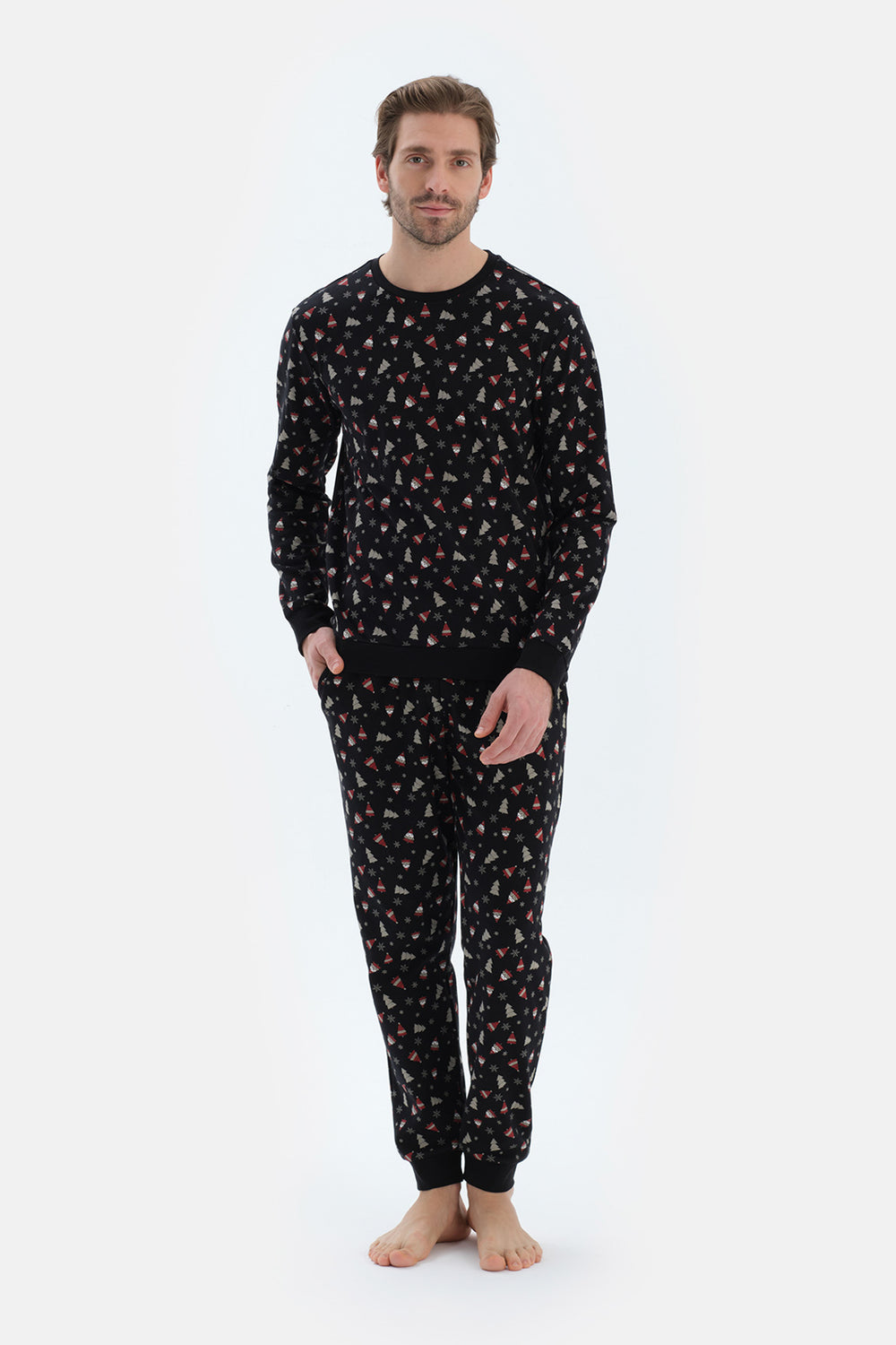 Siyah Metraj Baskılı Ipek Apre Interlok Pijama Takımı
