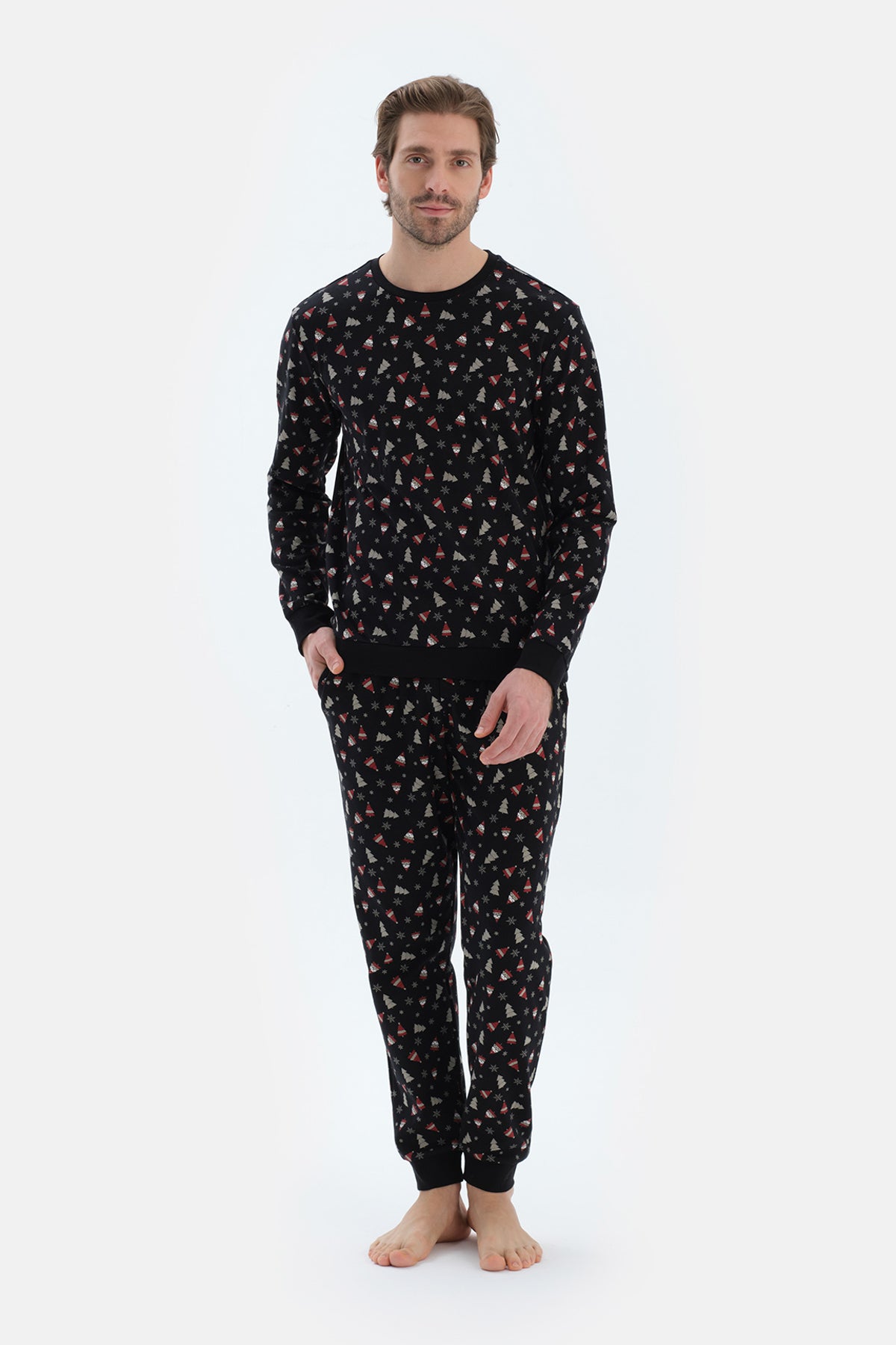 Siyah Metraj Baskılı Ipek Apre Interlok Pijama Takımı