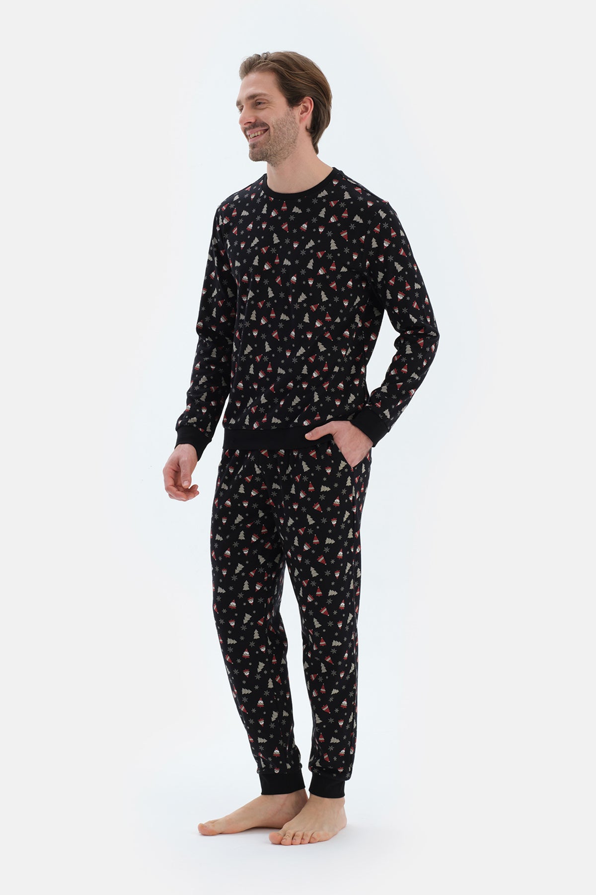 Siyah Metraj Baskılı Ipek Apre Interlok Pijama Takımı