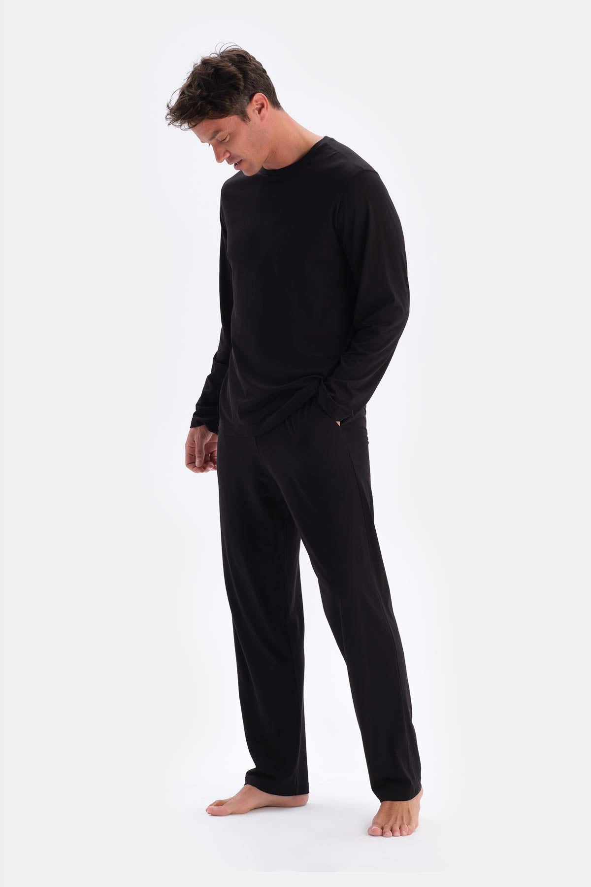 Siyah Bisiklet Yaka Penye Modal Pijama Takımı