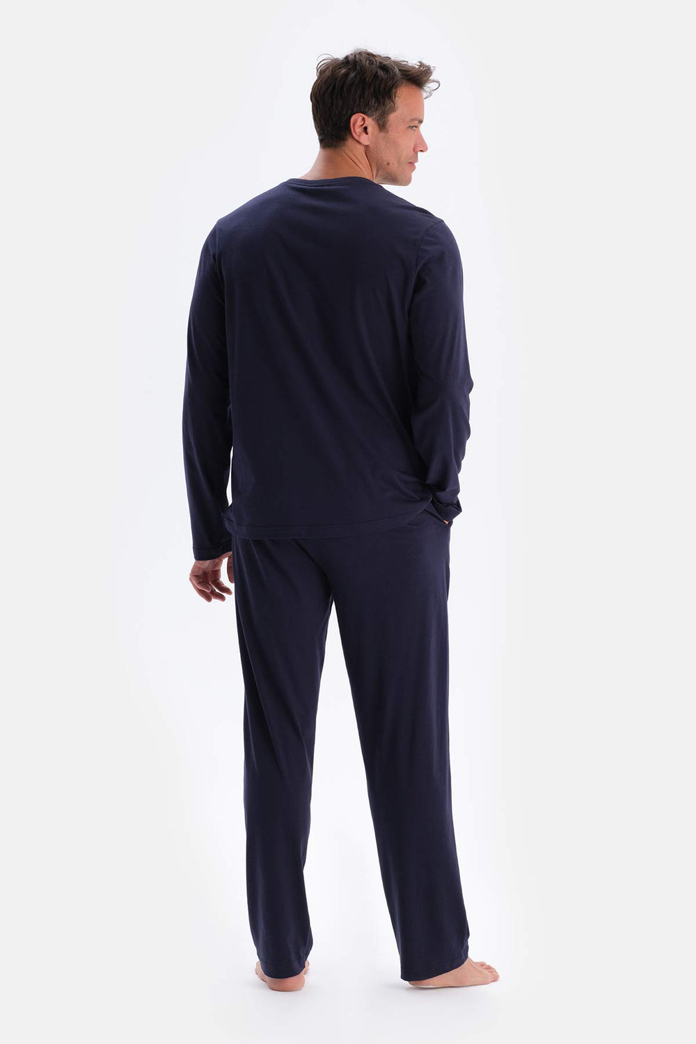 Lacivert Yarım Patlı Uzun Kollu Tişört Pantolon Pijama Takımı