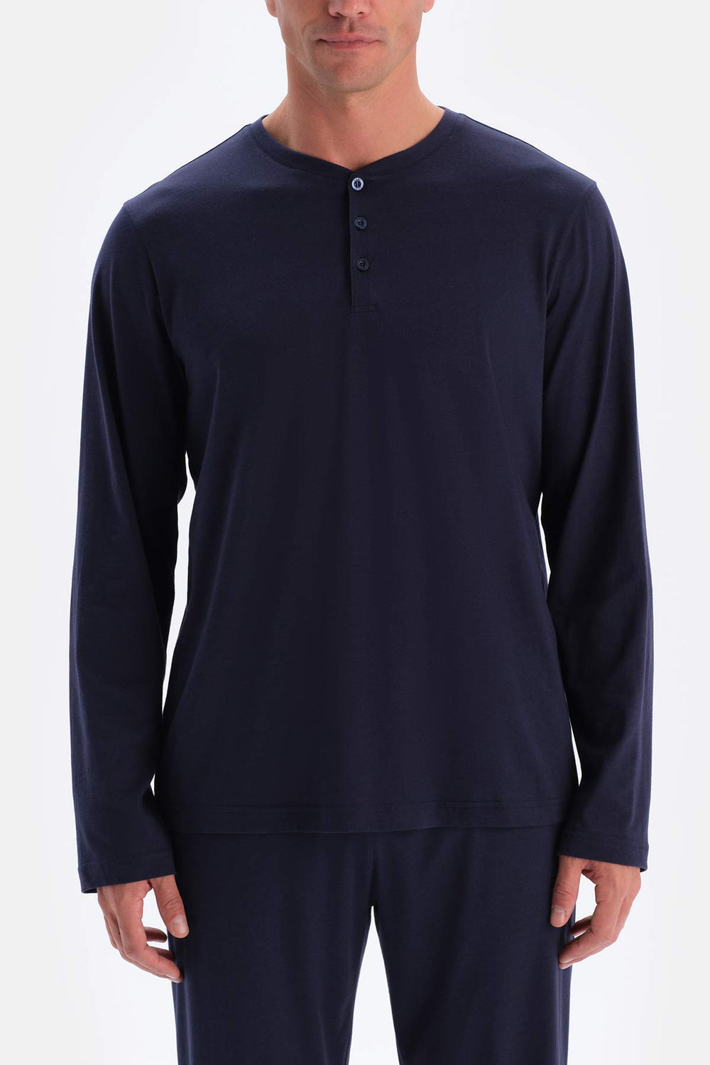 Lacivert Yarım Patlı Uzun Kollu Tişört Pantolon Pijama Takımı