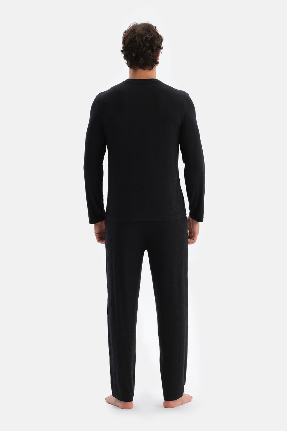 Antrasit Melanj Yarım Patlı Uzun Kollu Kaşmir Karışımlı Tişört Pantolon Pijama Takımı