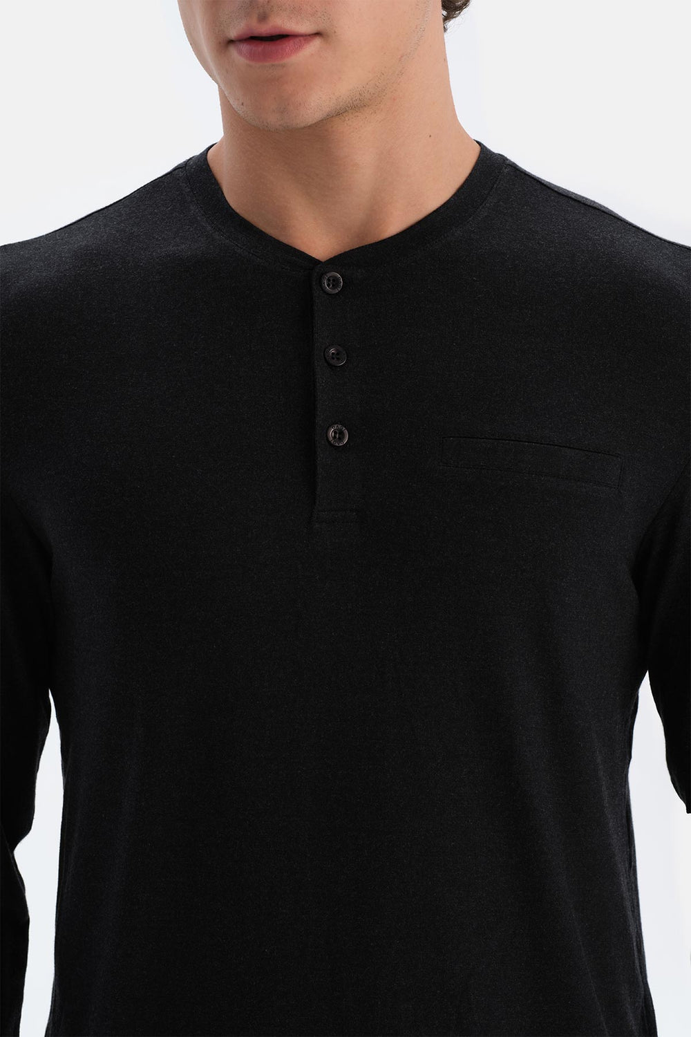 Antrasit Melanj Yarım Patlı Uzun Kollu Kaşmir Karışımlı Tişört Pantolon Pijama Takımı