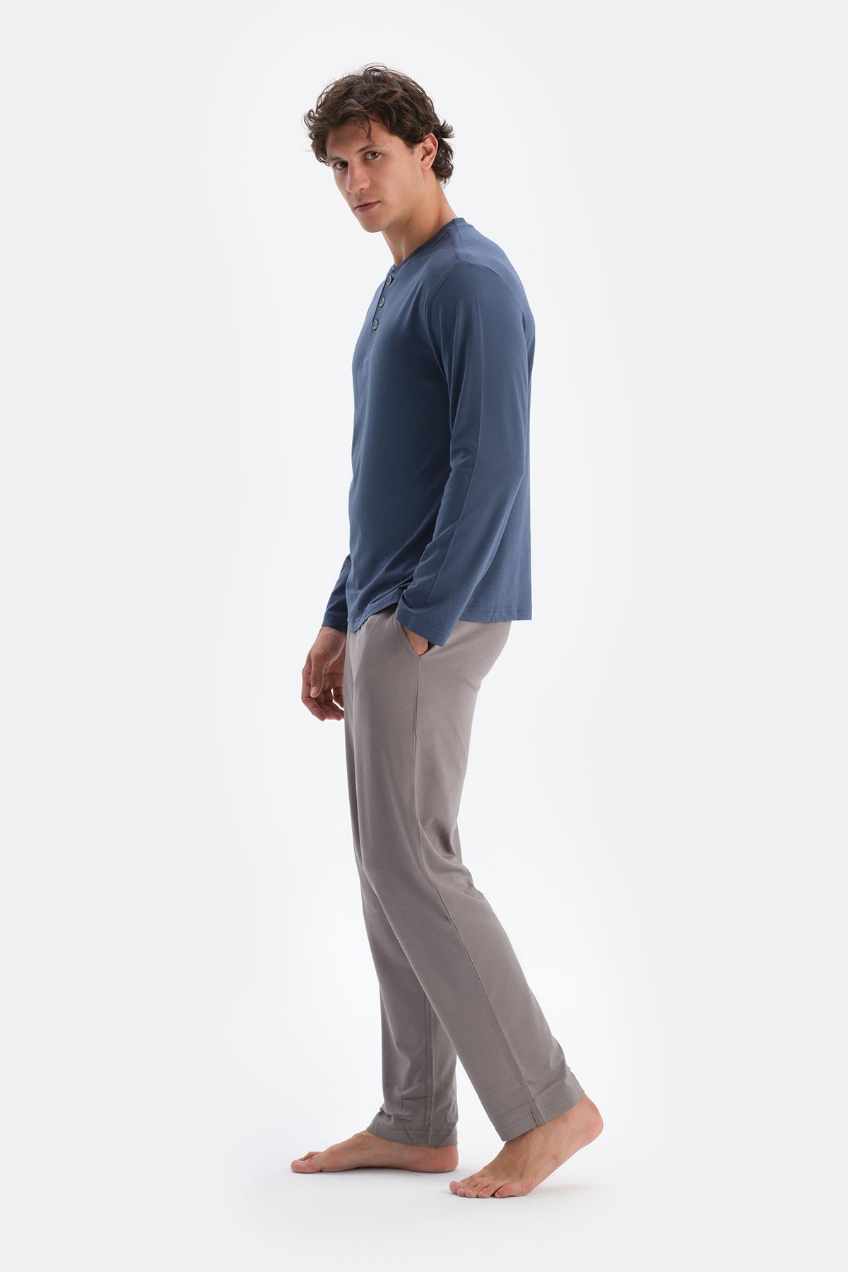 Mavi Patlı Uzun Kollu Tişört Pantolon Pijama Takımı