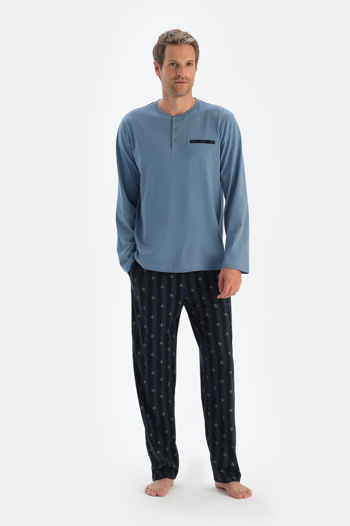 Mavi Patlı Fleto Cepli Uzun Kollu Tişört Pantolon Pijama Takımı