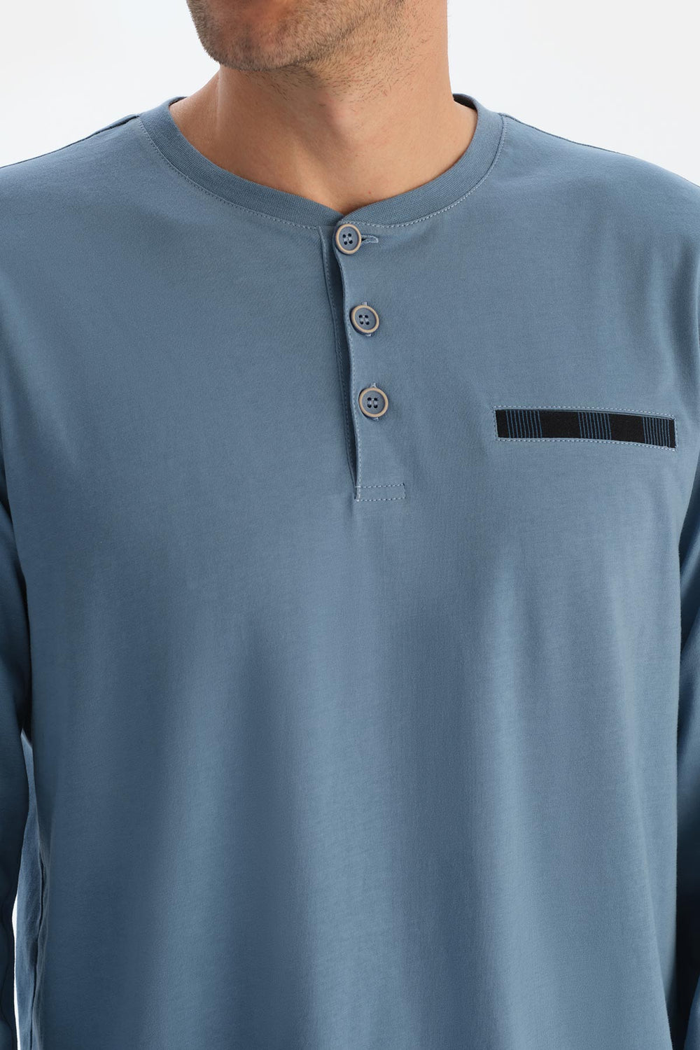 Mavi Patlı Fleto Cepli Uzun Kollu Tişört Pantolon Pijama Takımı