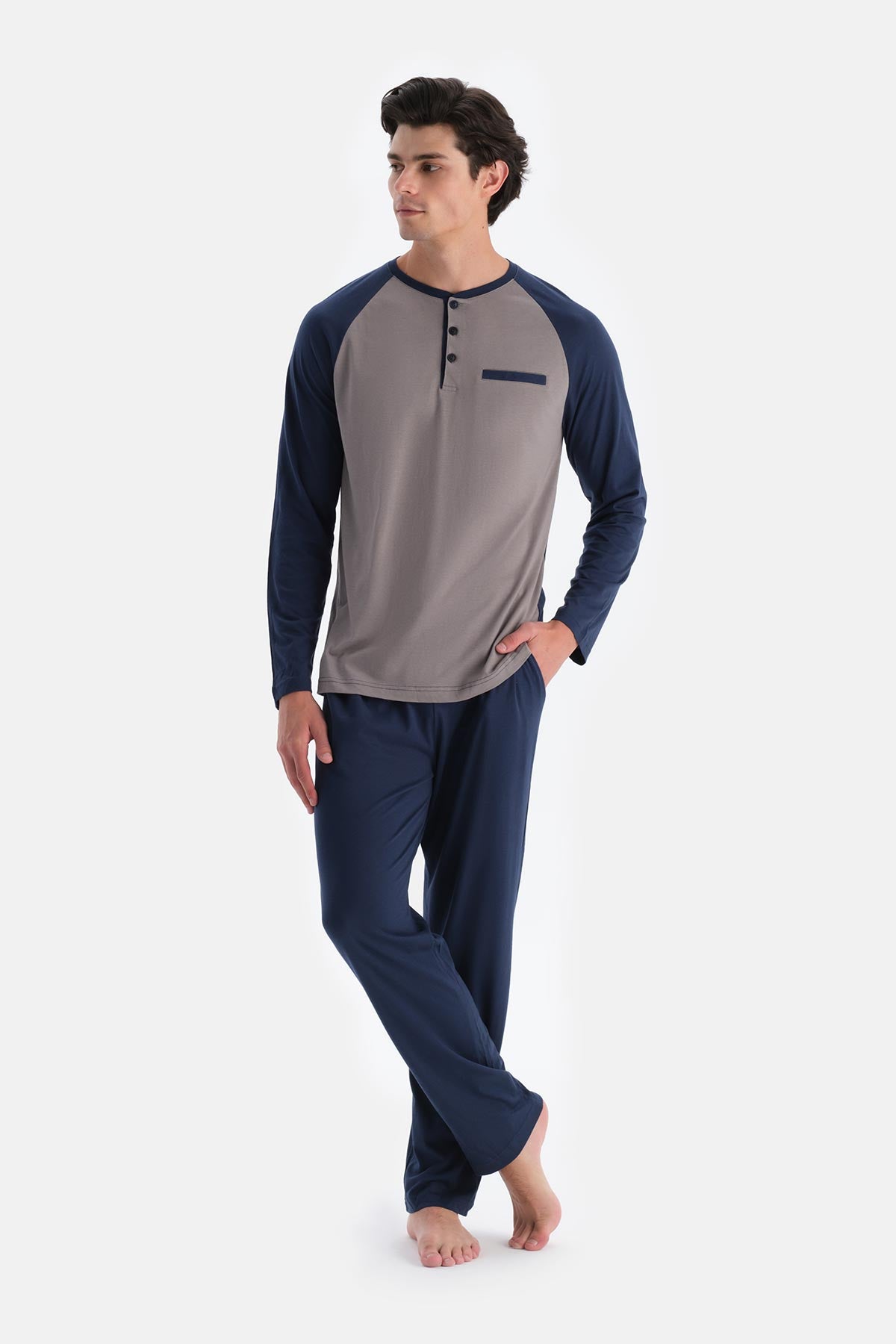 Lacivert Reglan Kol Detaylı Tişört Pantolon Pijama Takımı