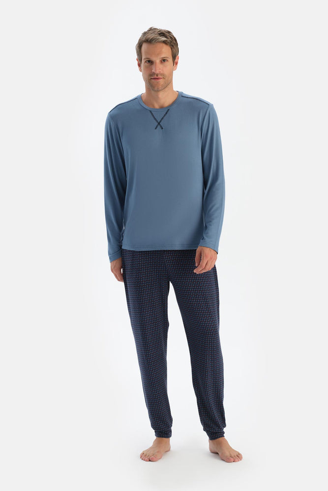 Mavi Dikiş Detaylı Uzun Kollu Tişört Pantolon Pijama Takımı