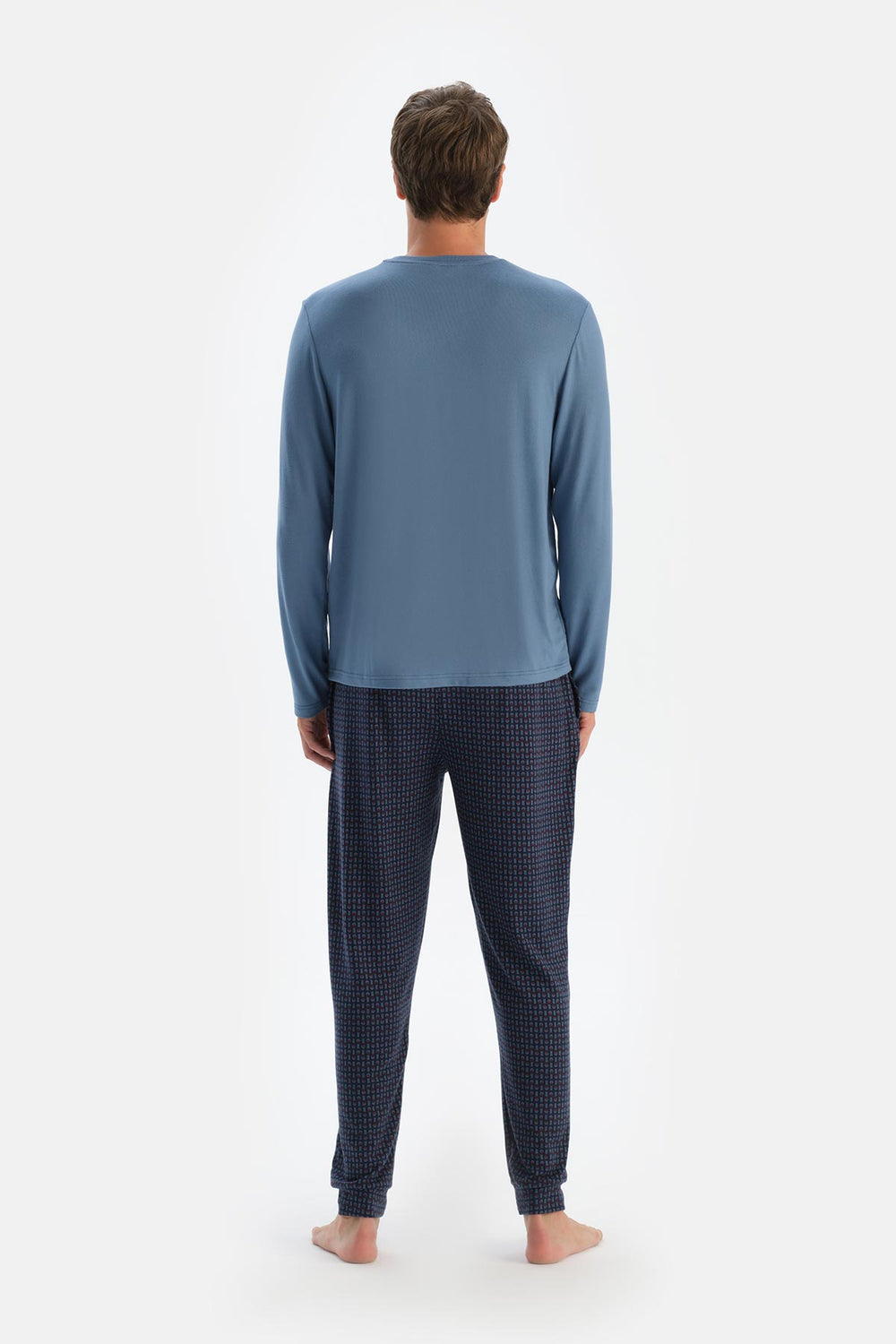 Mavi Dikiş Detaylı Uzun Kollu Tişört Pantolon Pijama Takımı