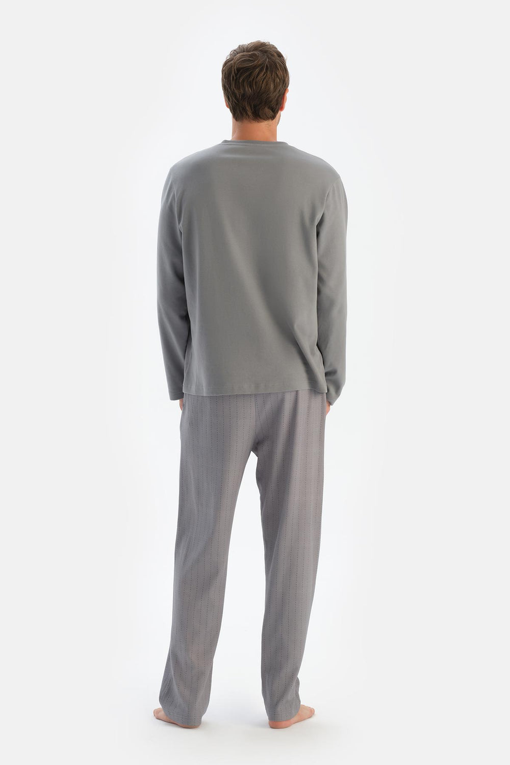 Gri V Yaka Fleto Cepli Tişört Pantolon Pijama Takımı