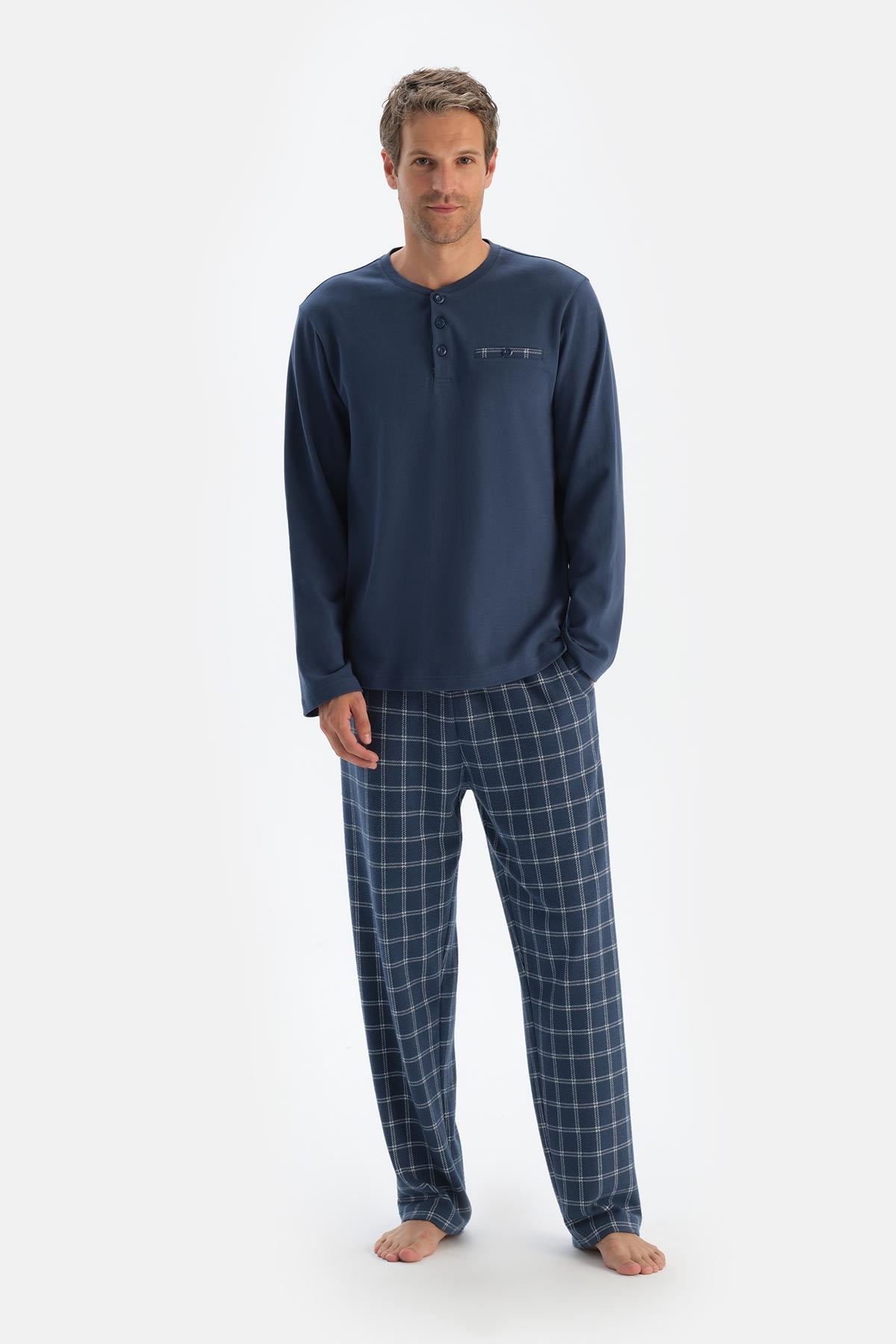 Lacivert Patlı Fleto Cepli Uzun Kollu Tişört Pantolon Pijama Takımı