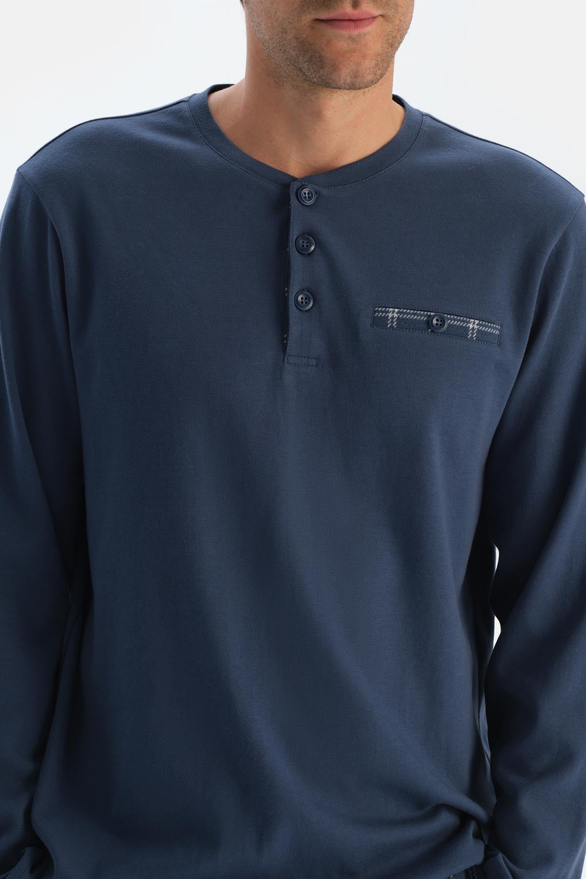 Lacivert Patlı Fleto Cepli Uzun Kollu Tişört Pantolon Pijama Takımı