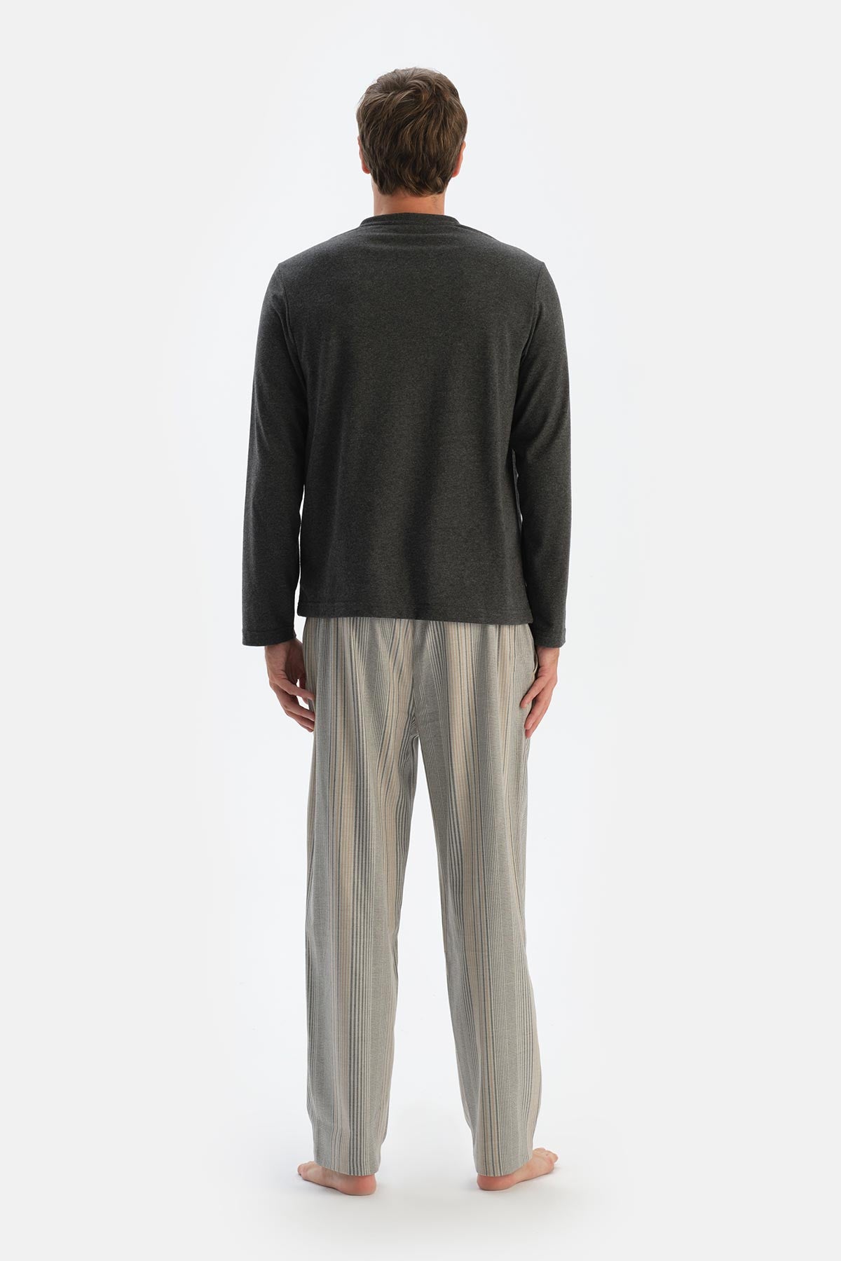 Antrasit Melanj Patlı Cepli Çizgili Pantolonlu Pijama Takımı
