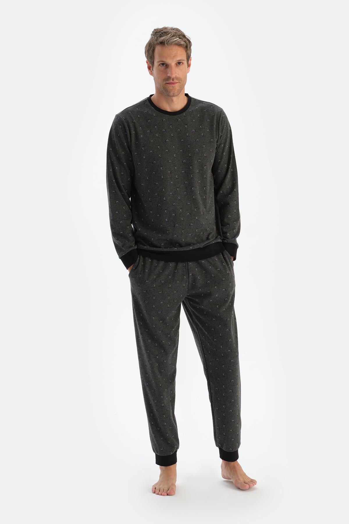 Antrasit Melanj Metraj Baskılı Ipek Apre Interlok Pijama Takımı