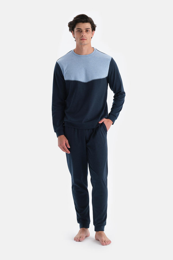 Indigo Melanj Bisiklet Yaka Uzun Kollu Jogger Pantolonlu Pijama Takımı