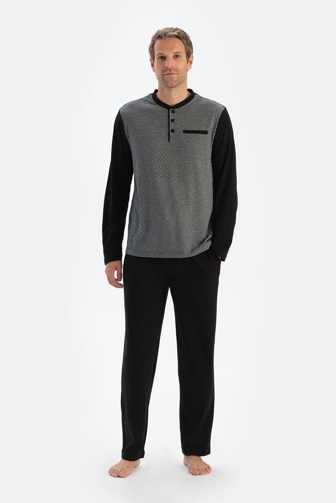 Siyah Desenli Uzun Kollu Üçlü Pijama Takımı