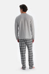 Gri Melanj Bisiklet Yaka Uzun Kollu Ekose Pantolonlu Pijama Takımı