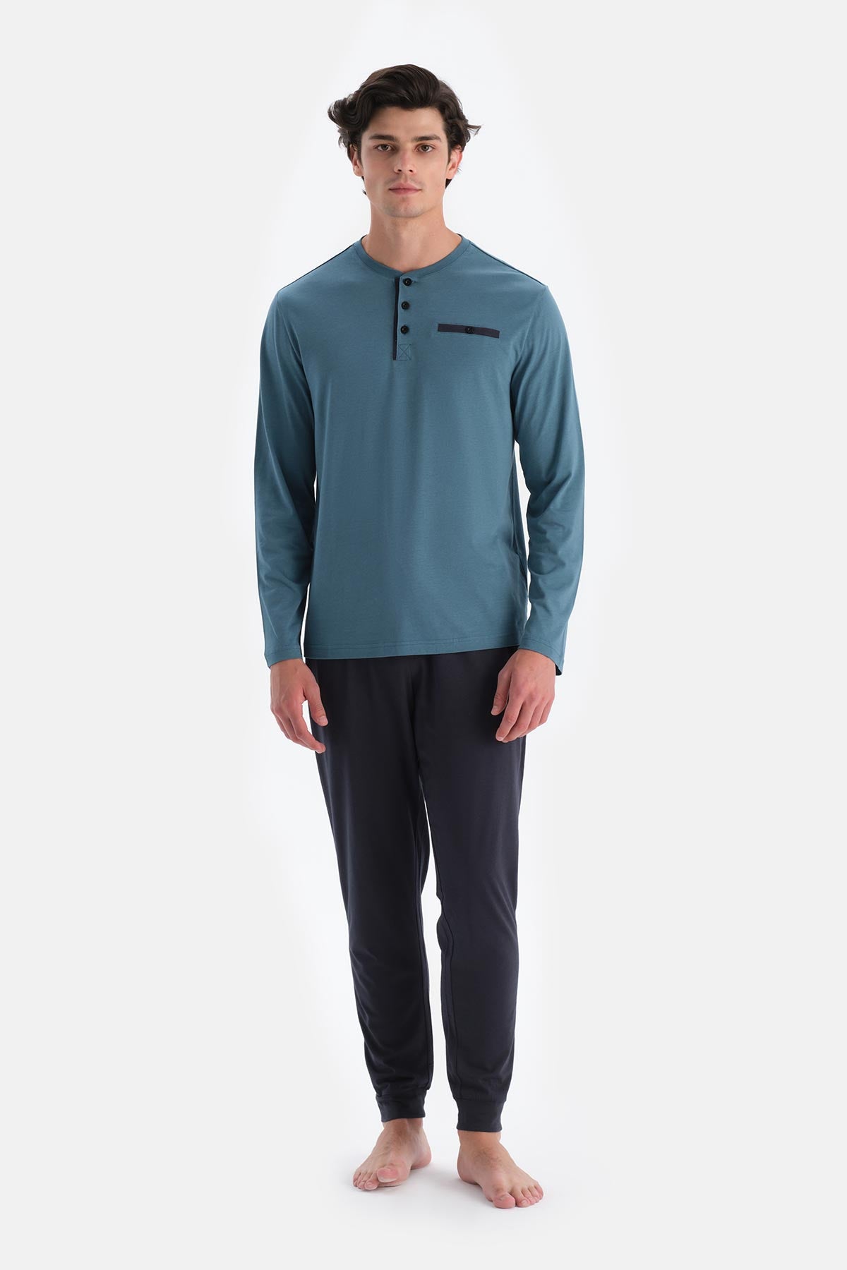 Mavi Yarım Patlı Uzun Kollu Jogger Pantolonlu Pijama Takımı