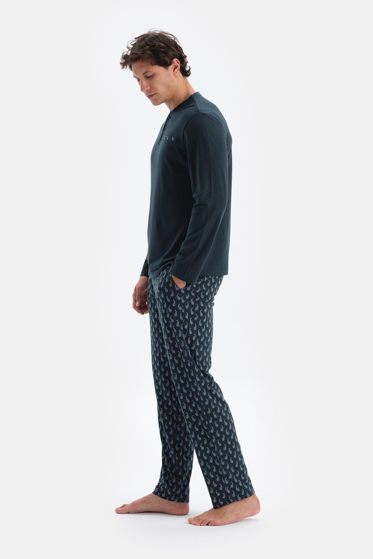 Lacivert Yarım Patlı Uzun Kollu Penye Modal Tişört Pantolon Pijama Takımı