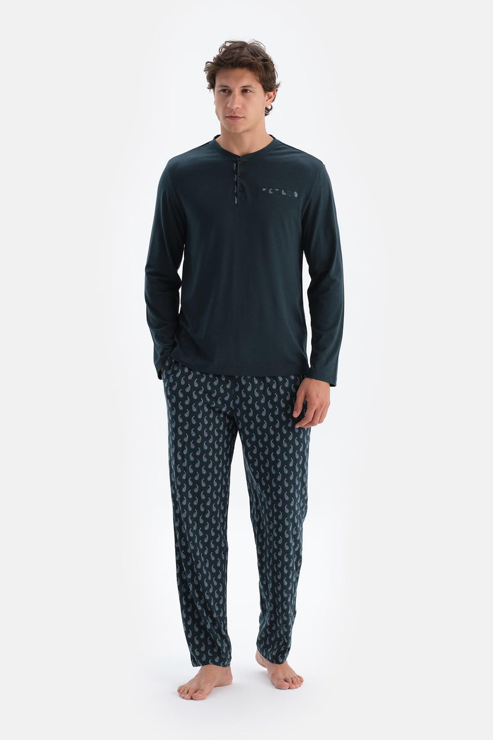 Lacivert Yarım Patlı Uzun Kollu Penye Modal Tişört Pantolon Pijama Takımı