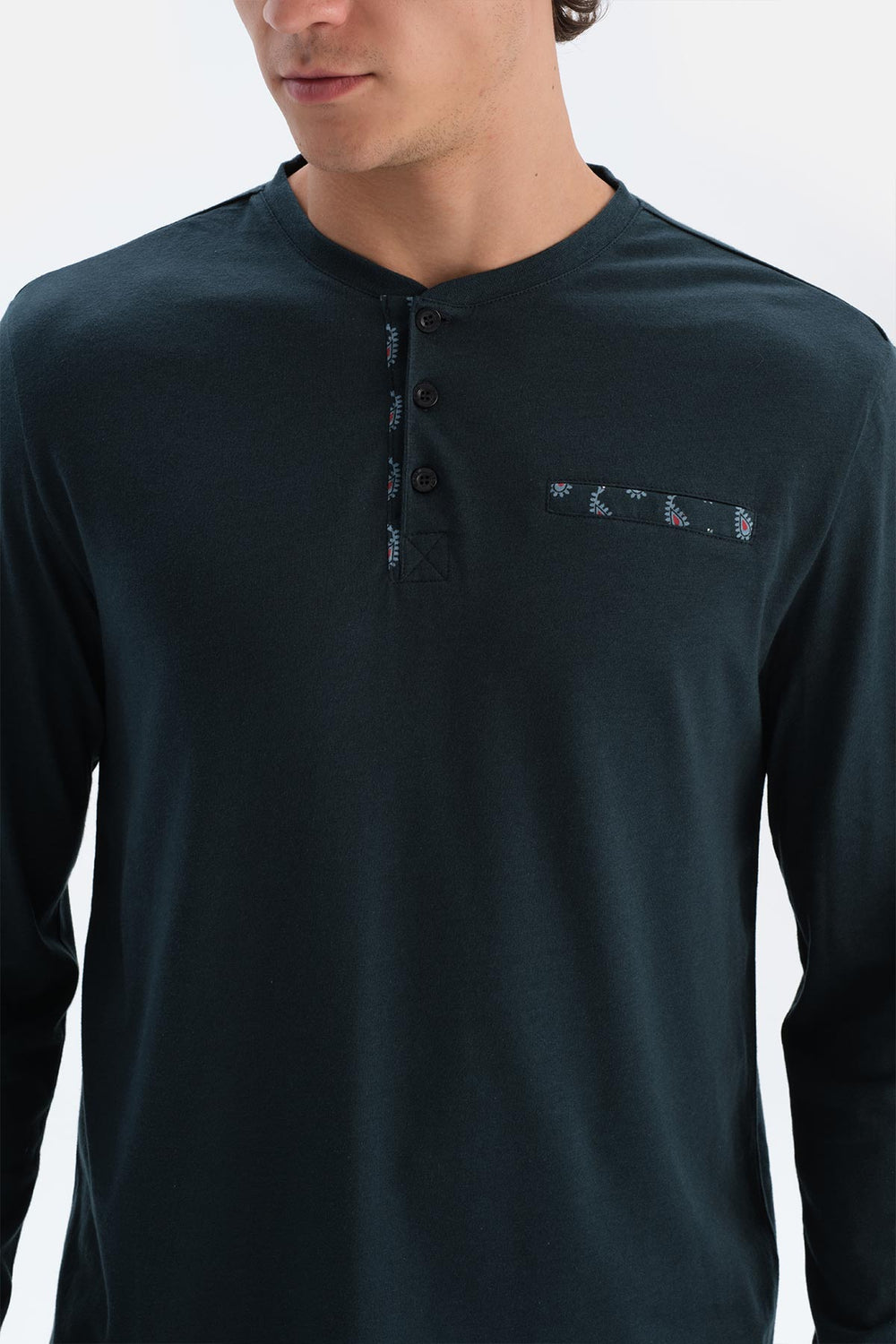 Lacivert Yarım Patlı Uzun Kollu Penye Modal Tişört Pantolon Pijama Takımı