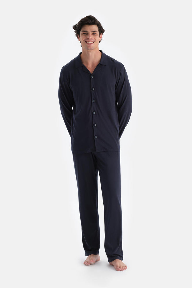 Lacivert Penye Modal Gömlek Pantolon Pijama Takımı