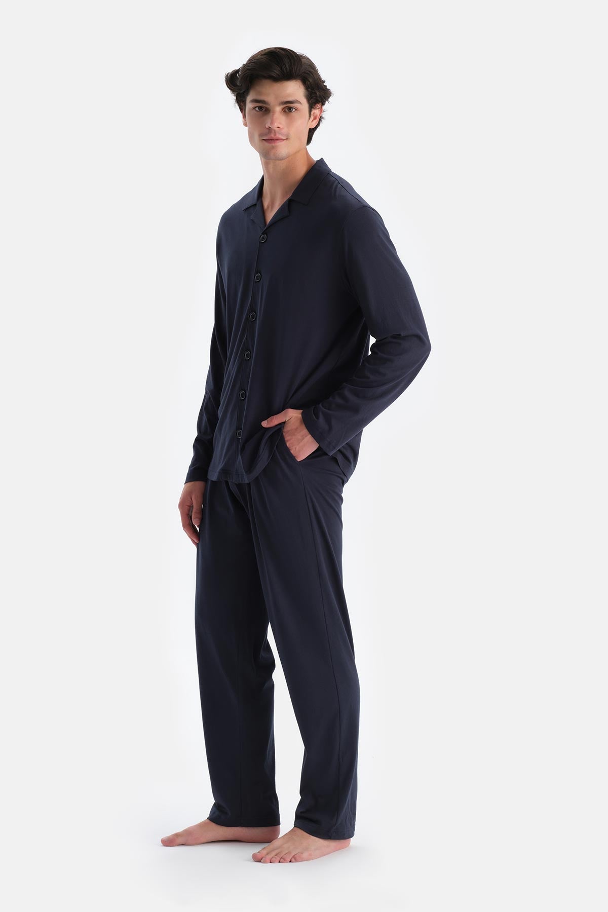 Lacivert Penye Modal Gömlek Pantolon Pijama Takımı