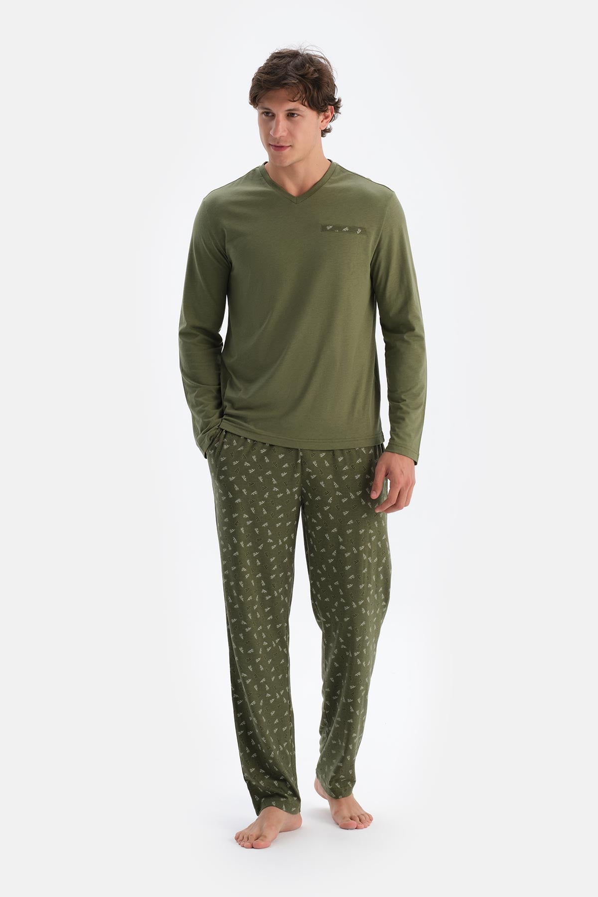 Haki V Yaka Penye Modal Tişört Pantolon Pijama Takımı