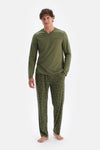 Haki V Yaka Penye Modal Tişört Pantolon Pijama Takımı