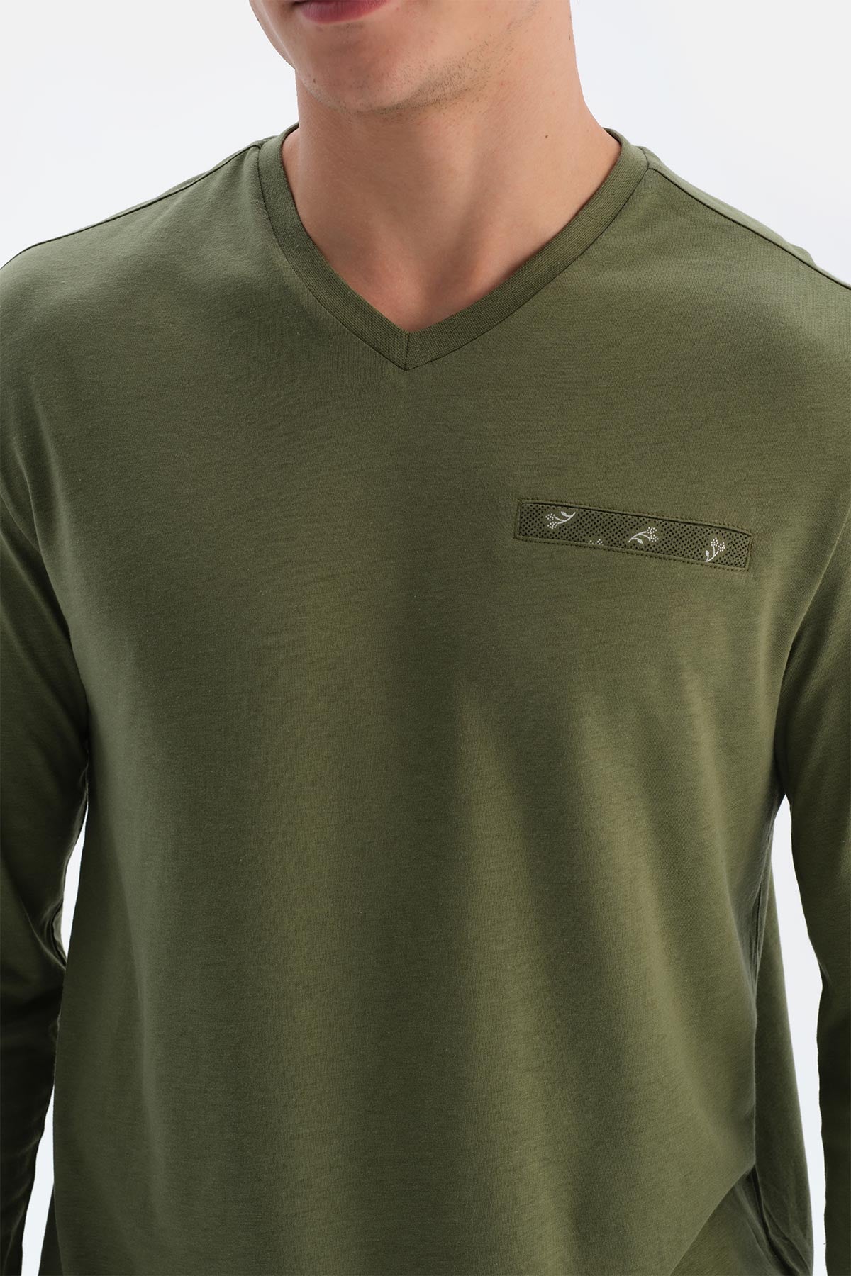 Haki V Yaka Penye Modal Tişört Pantolon Pijama Takımı