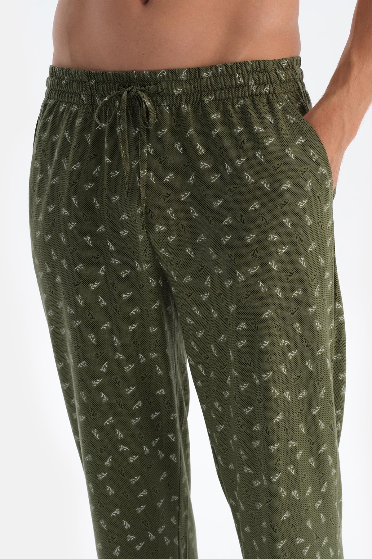 Haki V Yaka Penye Modal Tişört Pantolon Pijama Takımı