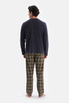 Lacivert Yarım Patlı Uzun Kollu Ekose Pantolonlu Pijama Takımı