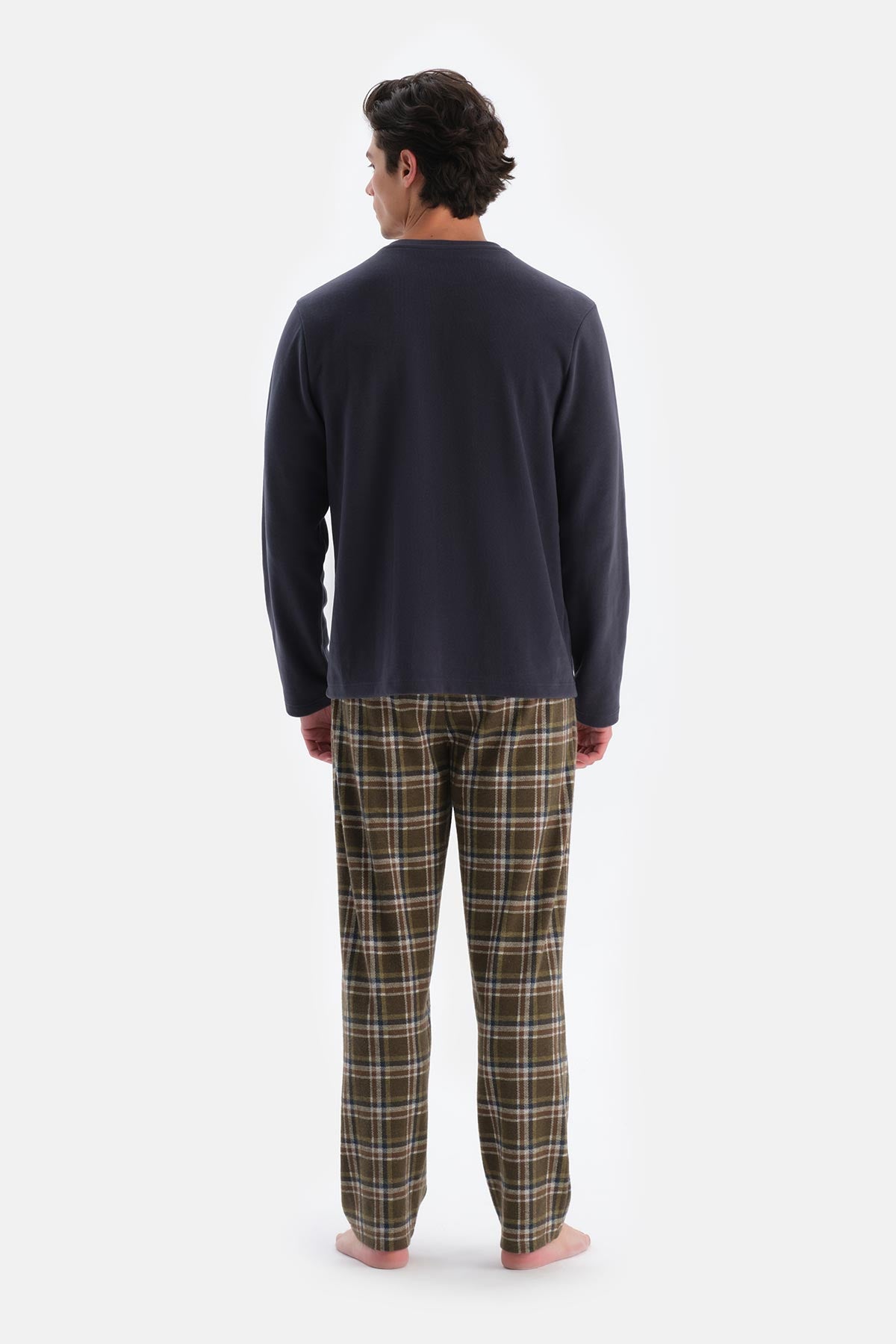 Lacivert Yarım Patlı Uzun Kollu Ekose Pantolonlu Pijama Takımı