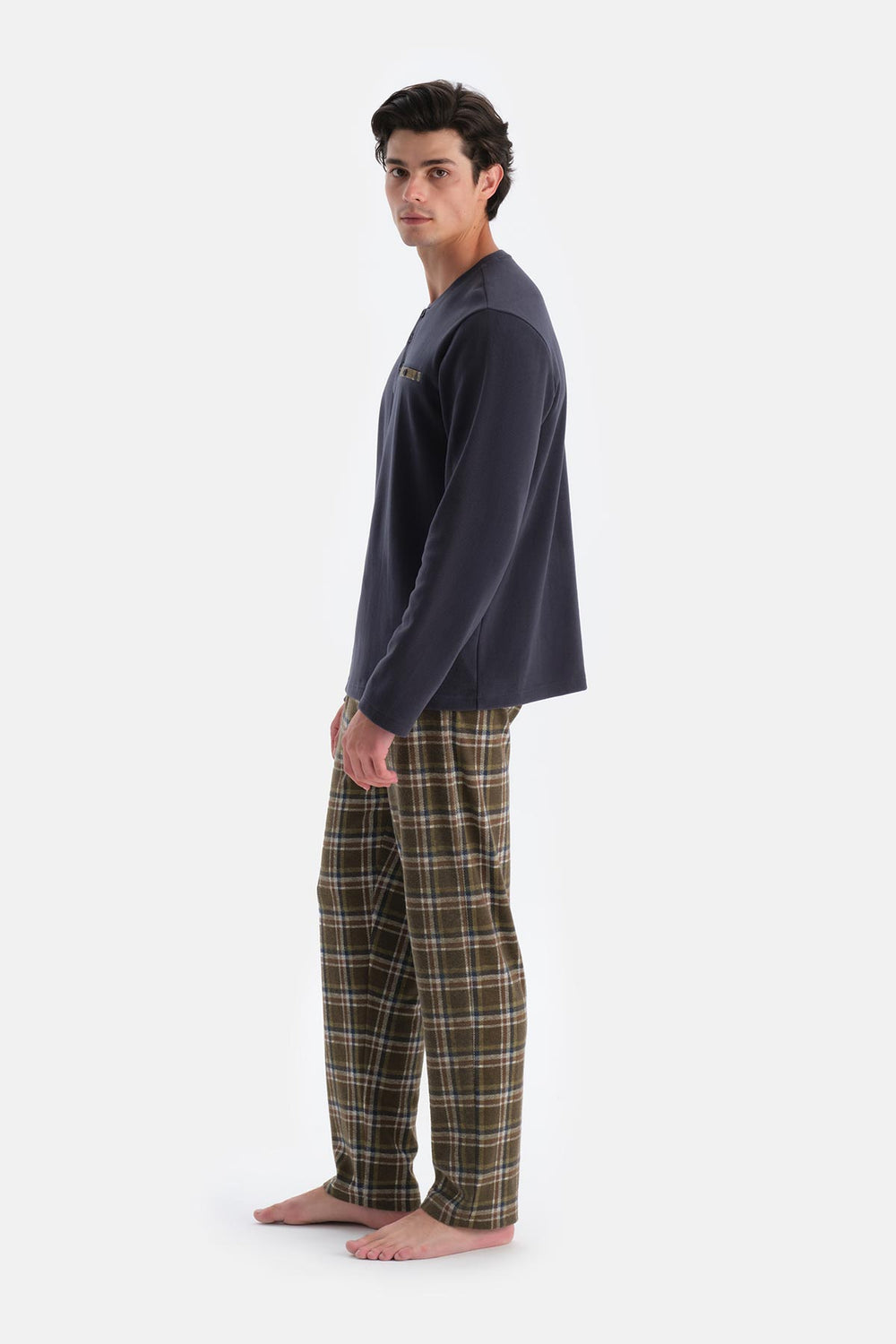 Lacivert Yarım Patlı Uzun Kollu Ekose Pantolonlu Pijama Takımı