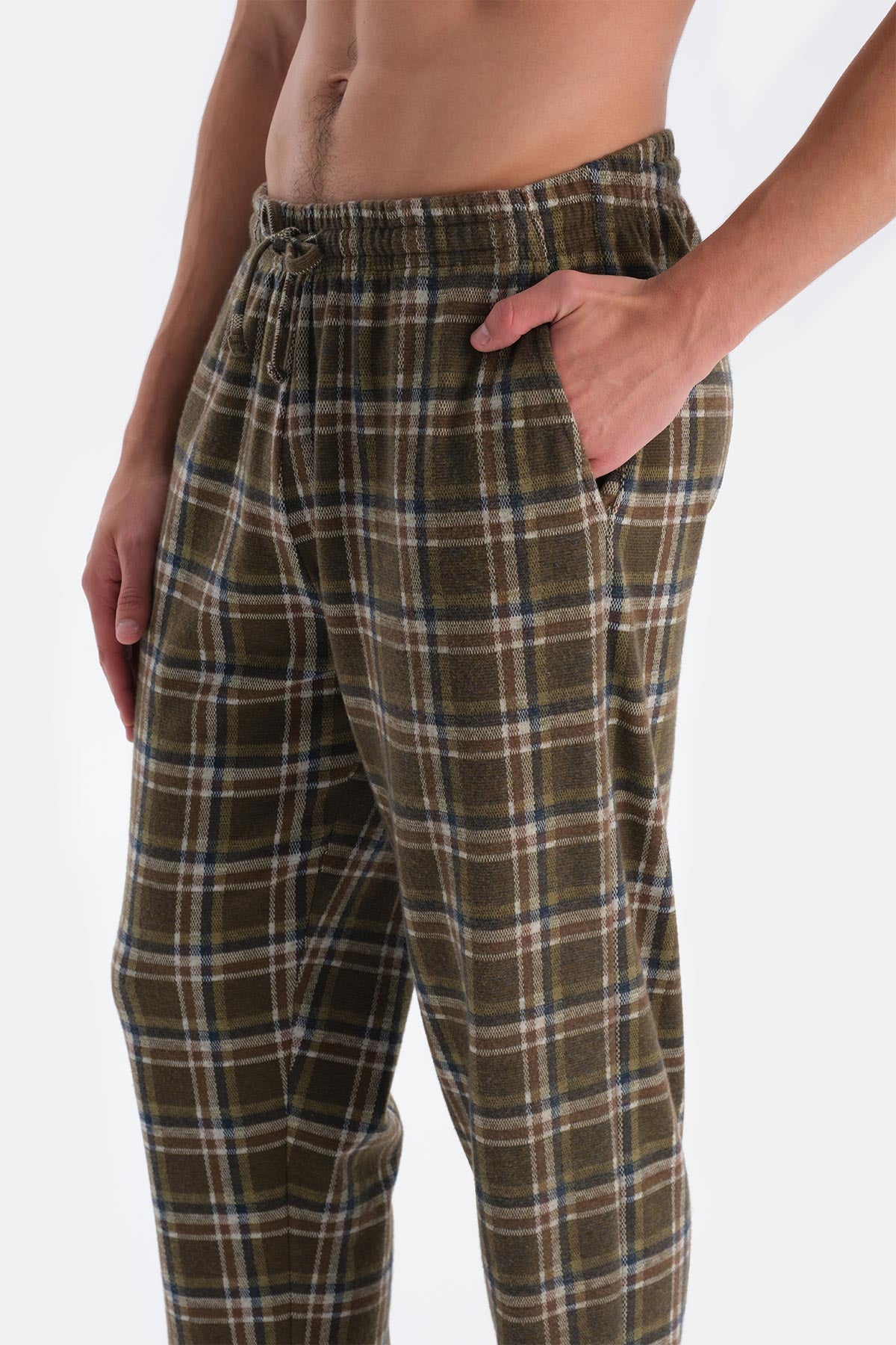 Lacivert Yarım Patlı Uzun Kollu Ekose Pantolonlu Pijama Takımı