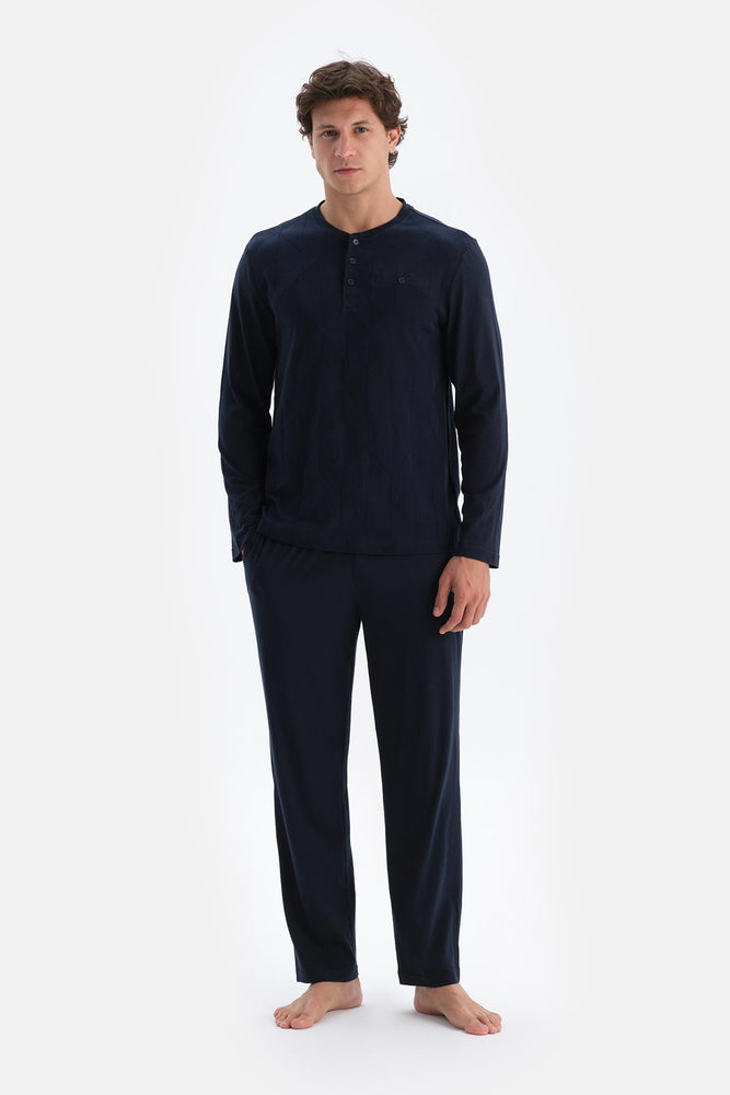 Lacivert Uzun Kollu Jakar Detaylı Tişört Pantolon Pijama Takımı